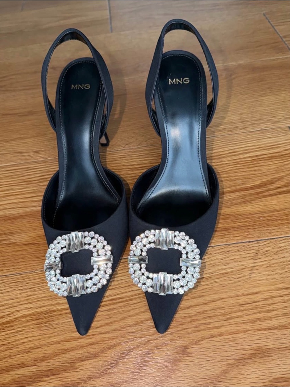 Mango Black Pointed Slingback Heels with Crystal Circle Accent